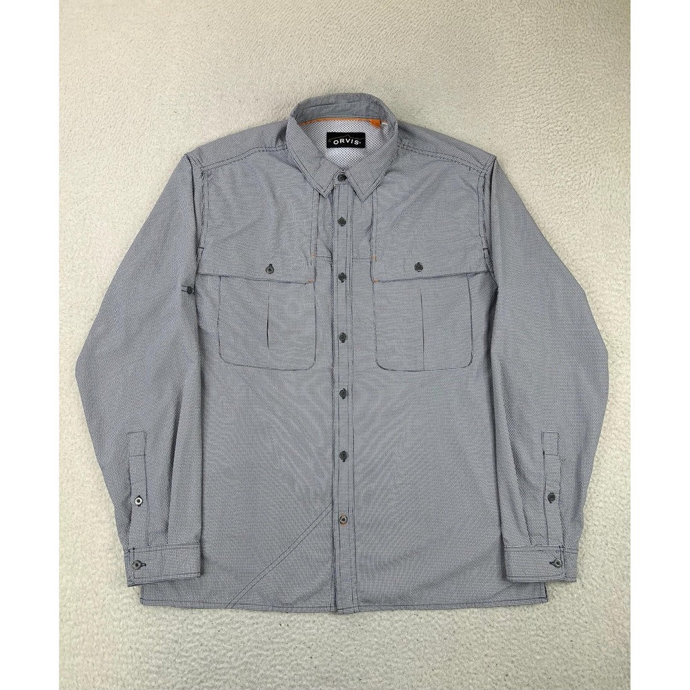 Orvis Shirt Mens Large Gray Gingham Long Sleeve Fishing Mesh Performance
